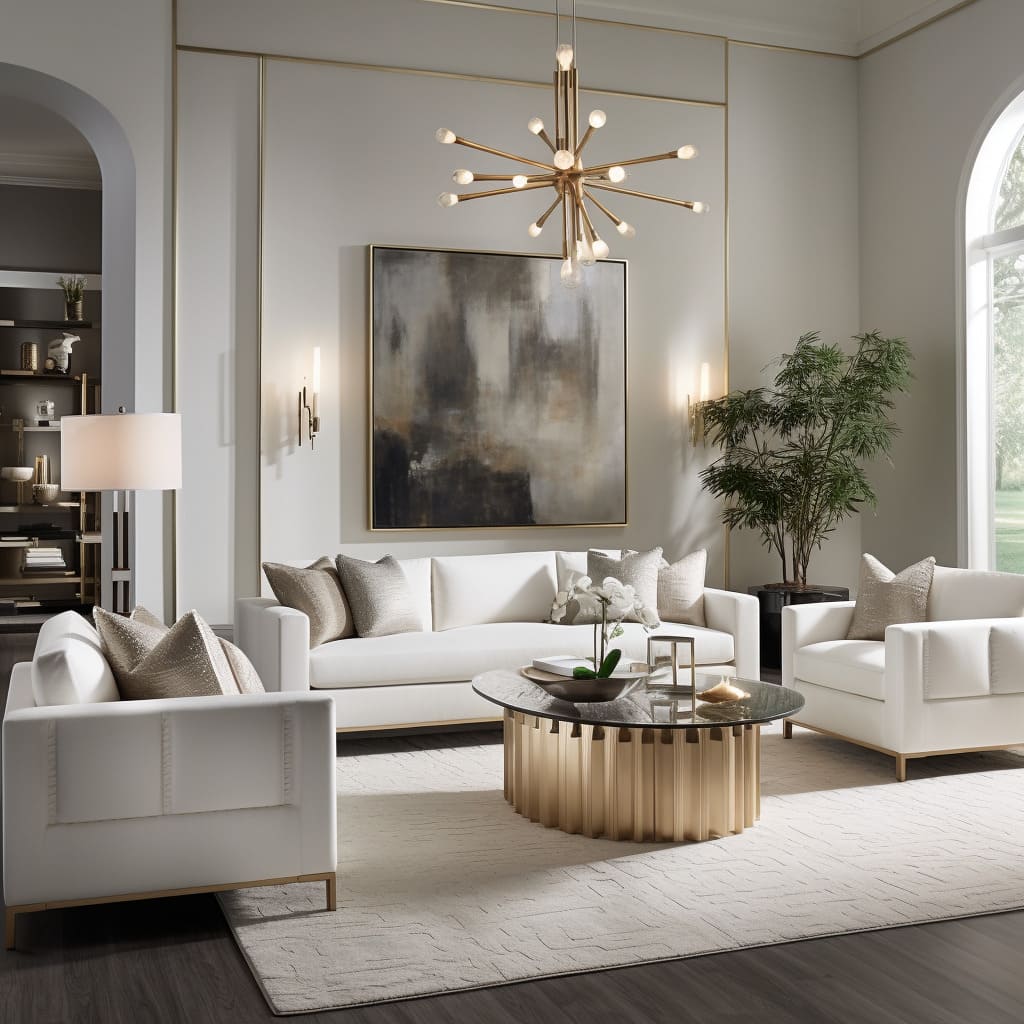 A dream home's living room with crisp white seating showcases a seamless blend of modern and traditional interior design.