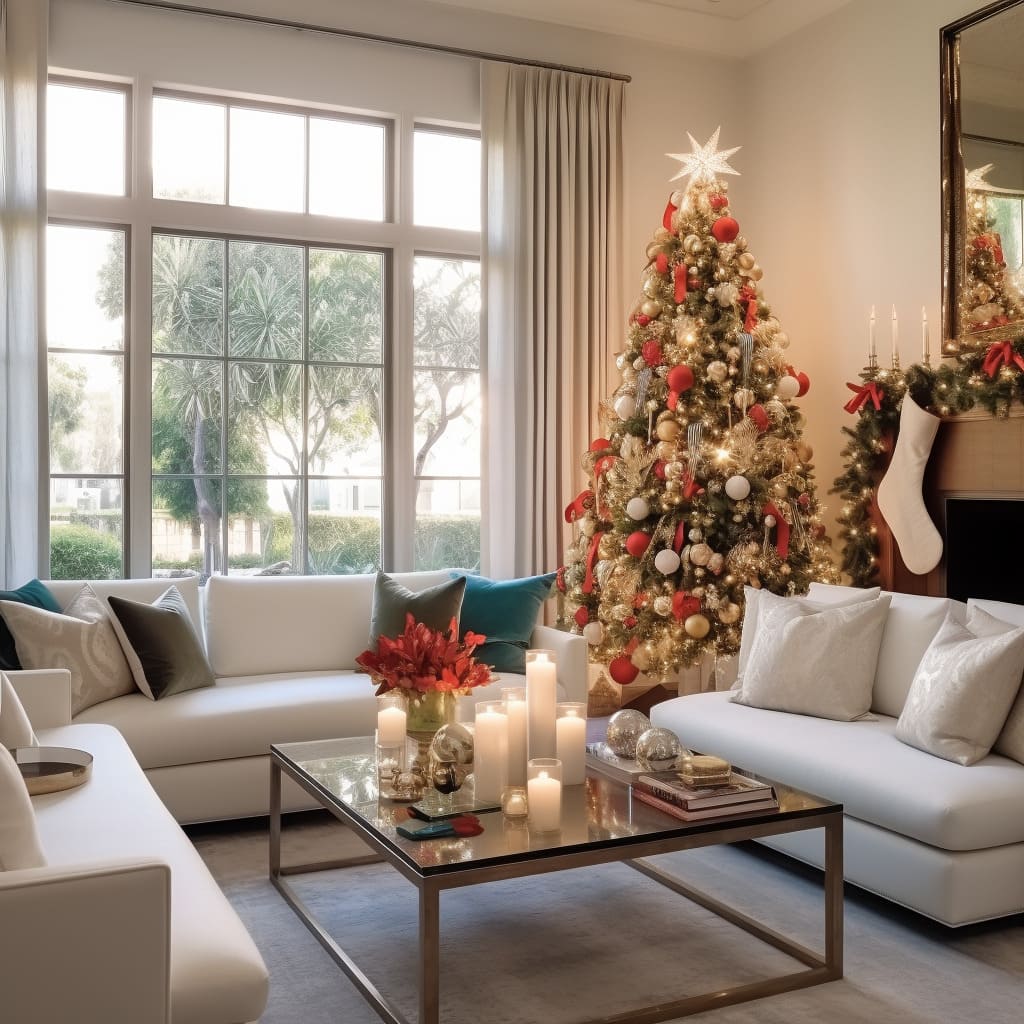 A festive Christmas banner in the living room adds a cheerful touch to the holiday decor.