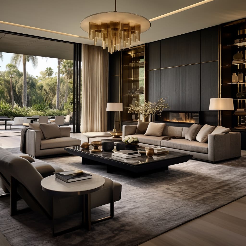 A glamorous living room interior with a velvet sofa, mirrored furniture, and sparkling chandeliers.
