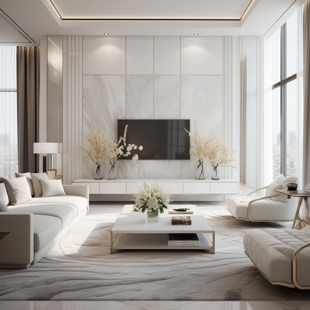 A grand, luxury minimalist living room with an L-shaped sofa offers both comfort and style.