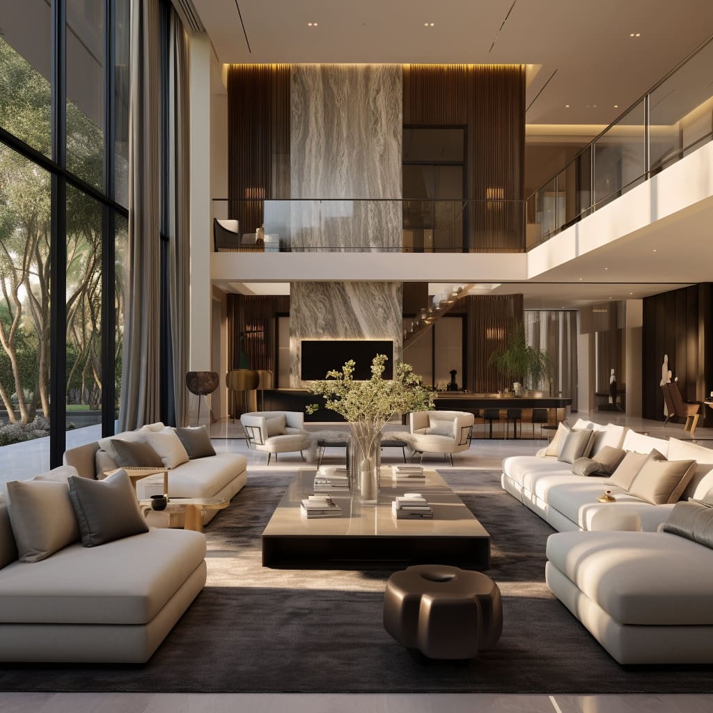 A harmonious living room set in this house makes a statement with its elegant design.