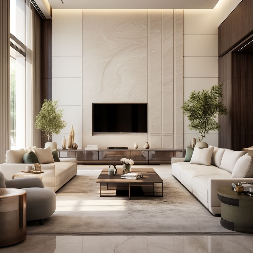 A house with a dream-like living room, featuring minimalist design in soft tones.