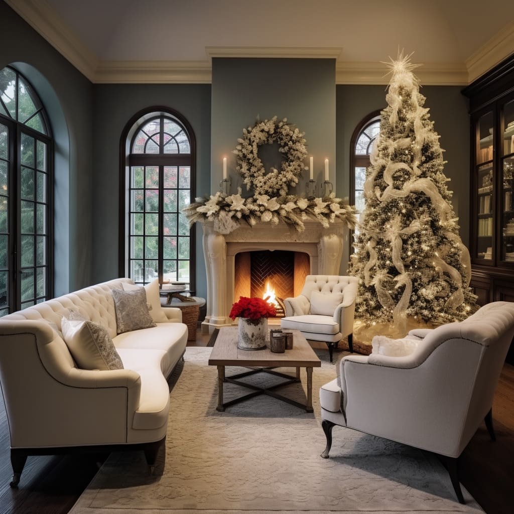 A large, beautifully lit Christmas tree becomes the focal point of the living room during the holiday season.