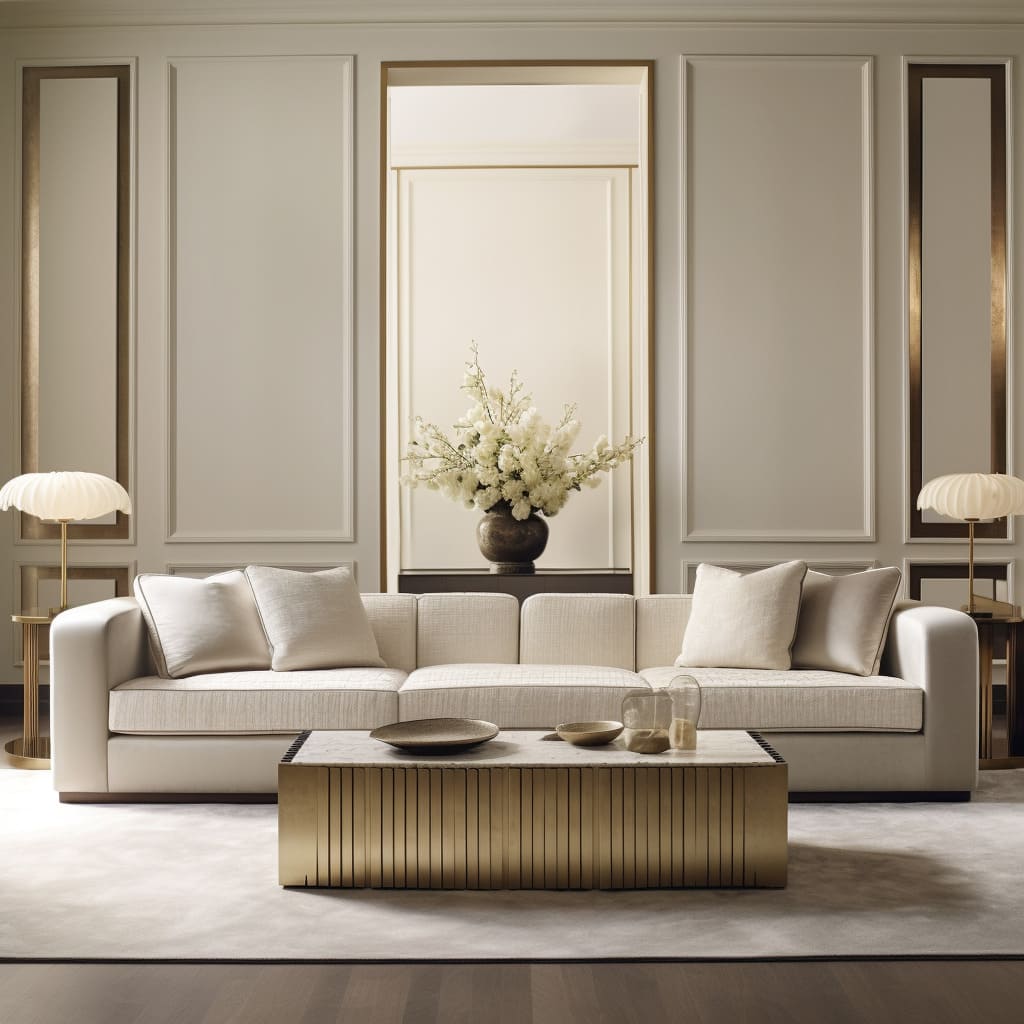 A large, plush sofa in off-white anchors the living room, complemented by sophisticated brass elements.