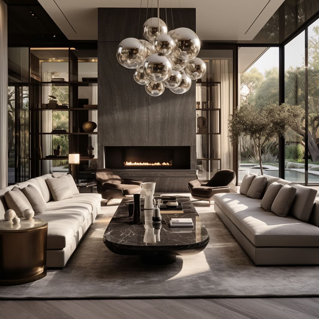 A living room featuring a chic, minimalist sofa, a glass coffee table, and subtle lighting for a sophisticated look.
