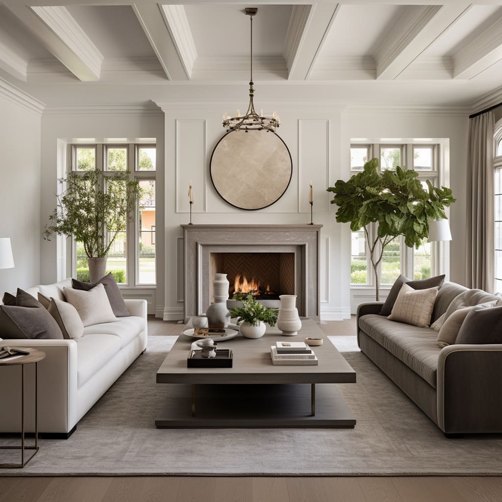 A living room outfitted in a transitional style combines modern classic seating with chic, simple decorations.