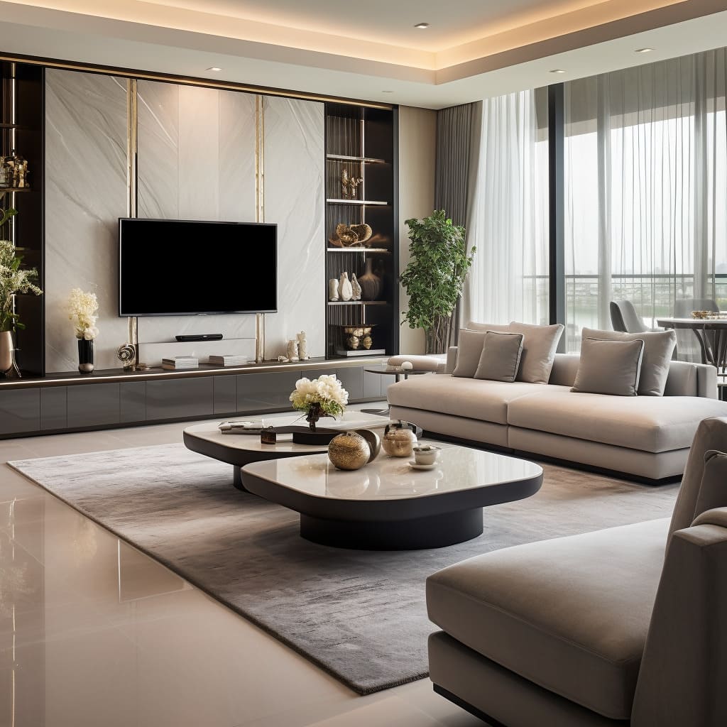 A luxurious gray sofa set enhances the home's furniture arrangement, centered around a modern TV wall.