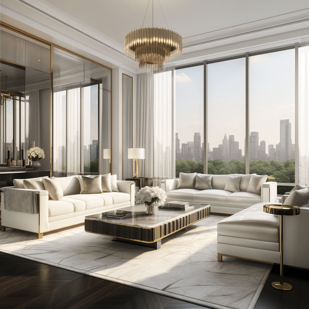 A luxurious living room in the penthouse features a custom-designed sofa that exudes elegance.