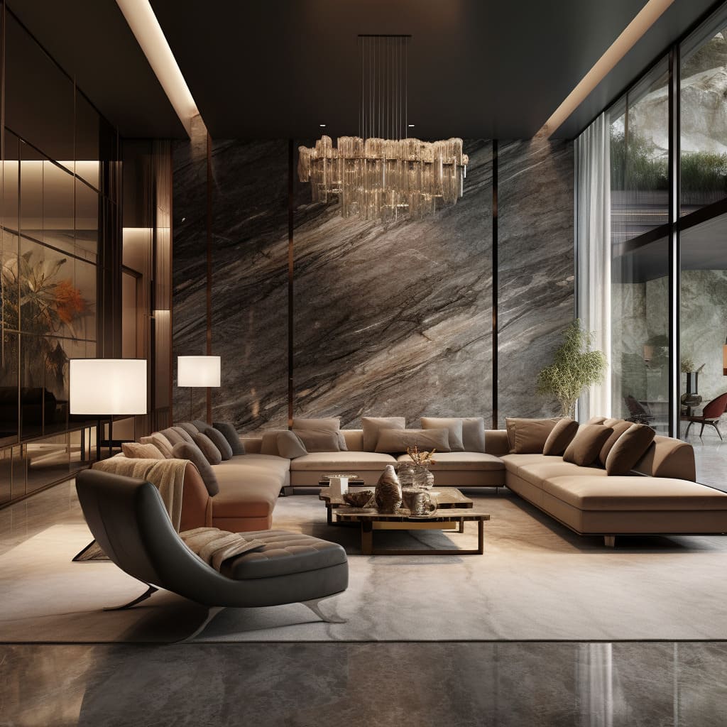 A luxurious living room interior shines with polished stone and sophisticated decor.