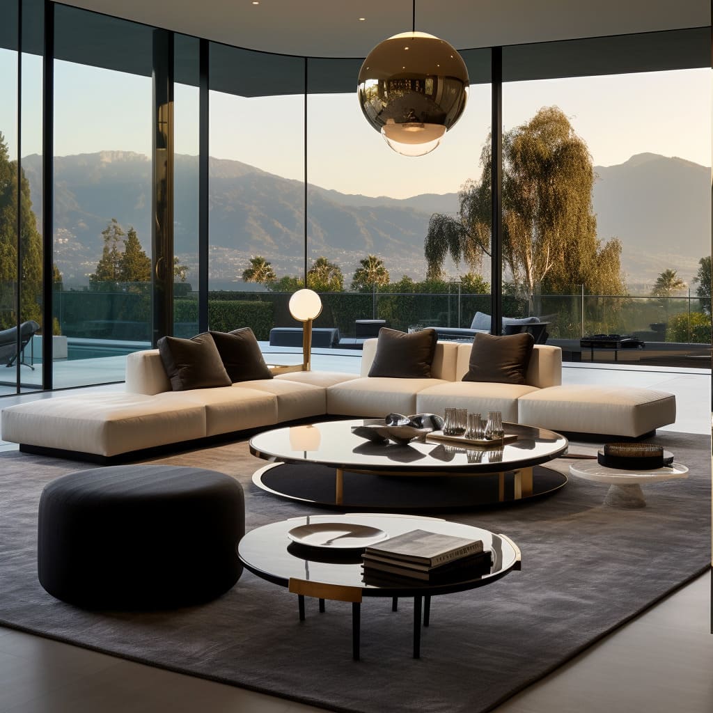 A living room with a designer sofa, high-end home furniture, and sophisticated decor.