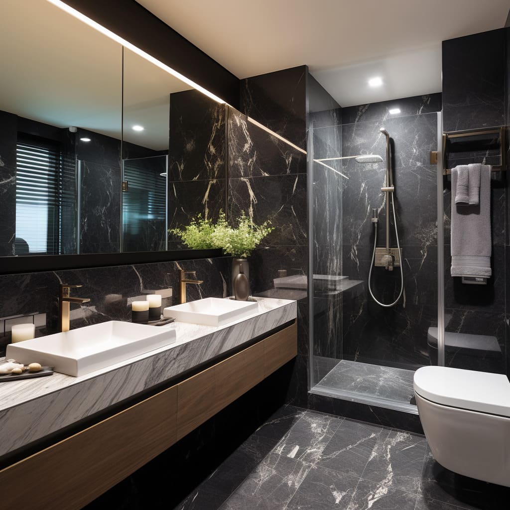 Symmetrical modern bathroom with LED lighting and natural marble