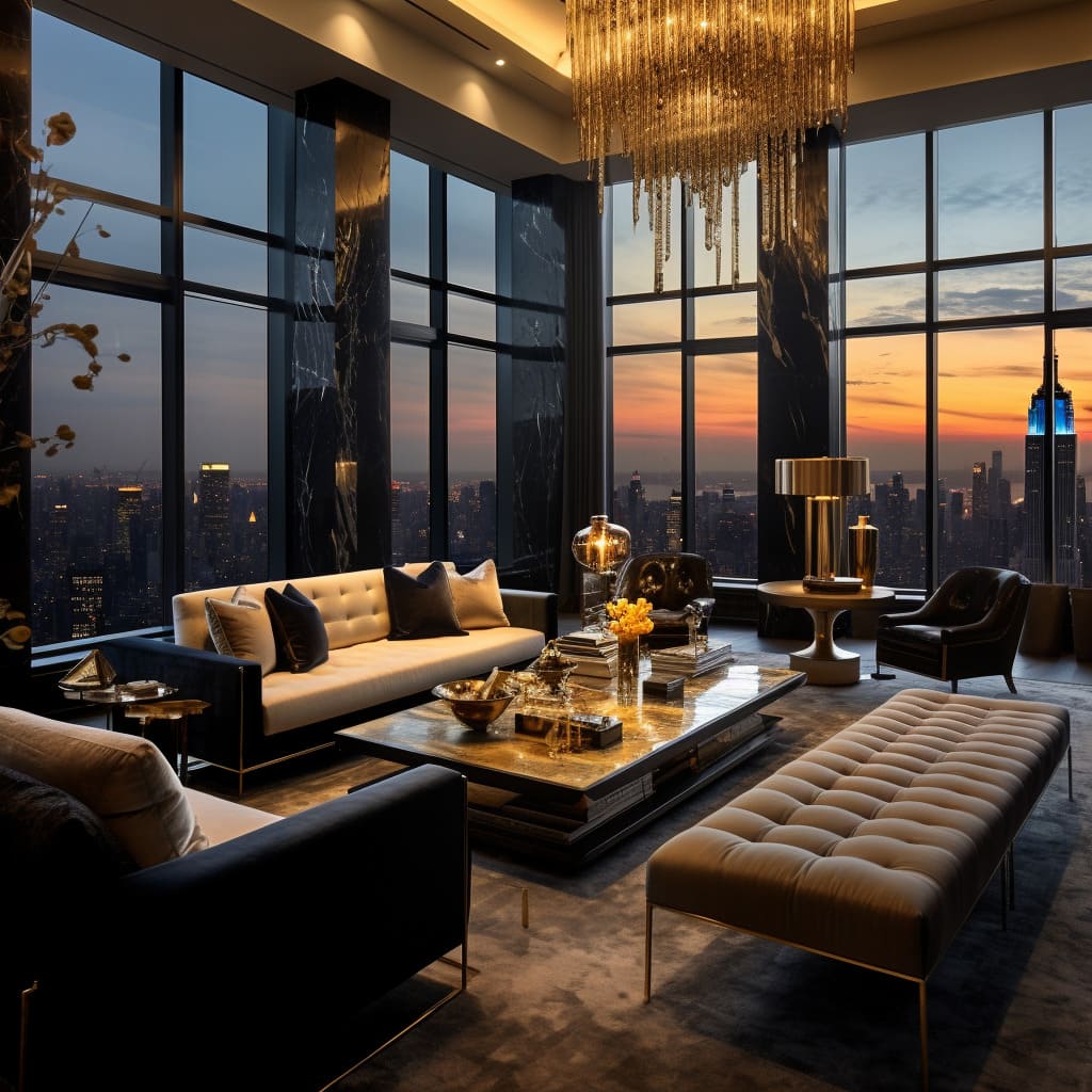A luxurious velvet sofa becomes the focal point in this sophisticated penthouse living room.