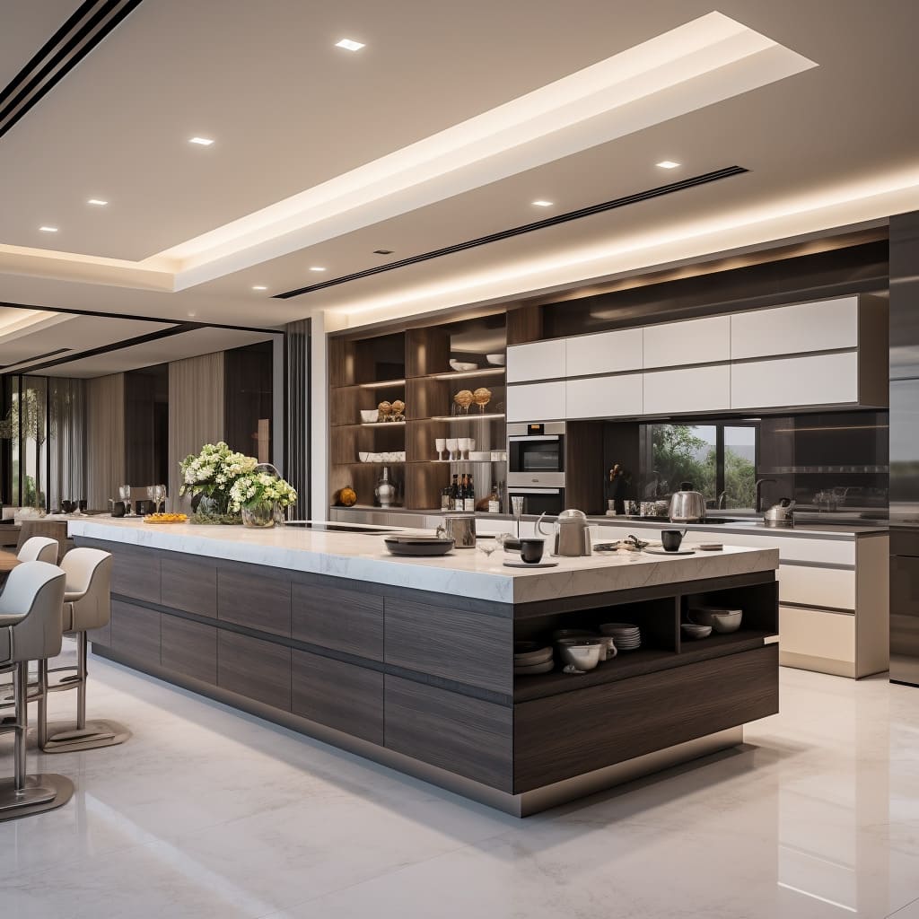 A luxurious white marble island complements the contemporary design of this modern kitchen.
