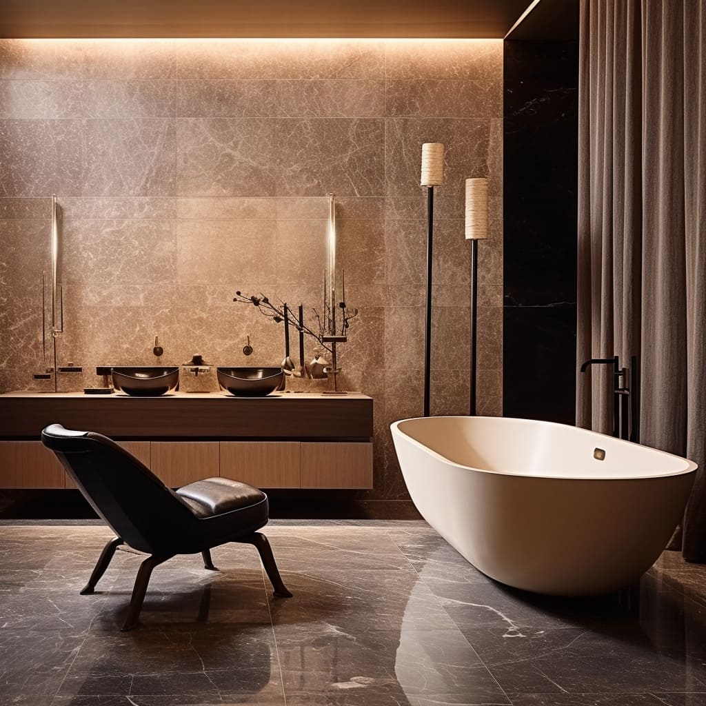 A luxury bathtub serves as the focal point in this master bathroom's serene interior design.