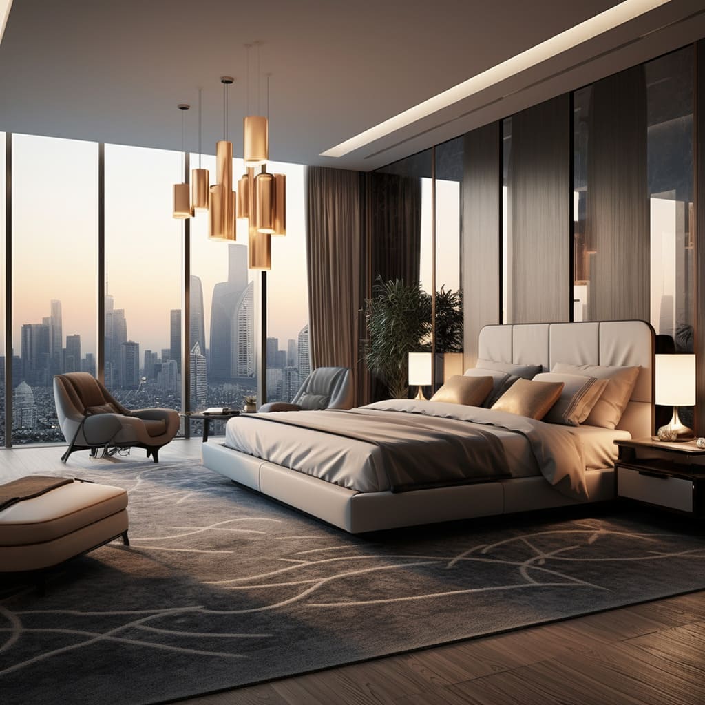 A luxury bedroom's sleek lines and minimalist approach showcase a modern headboard as the centerpiece.