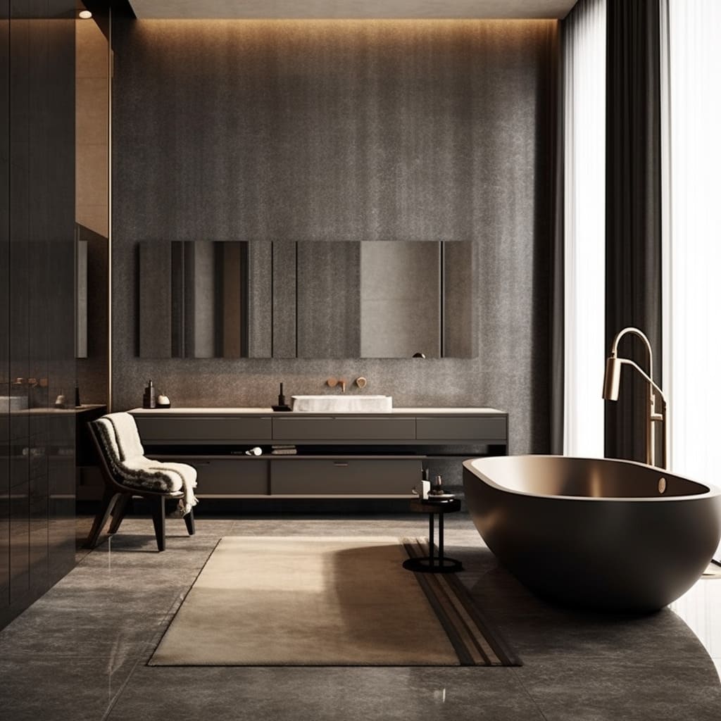 A luxury free-standing bathtub in a master bathroom provides a tranquil retreat in a home's private quarters.