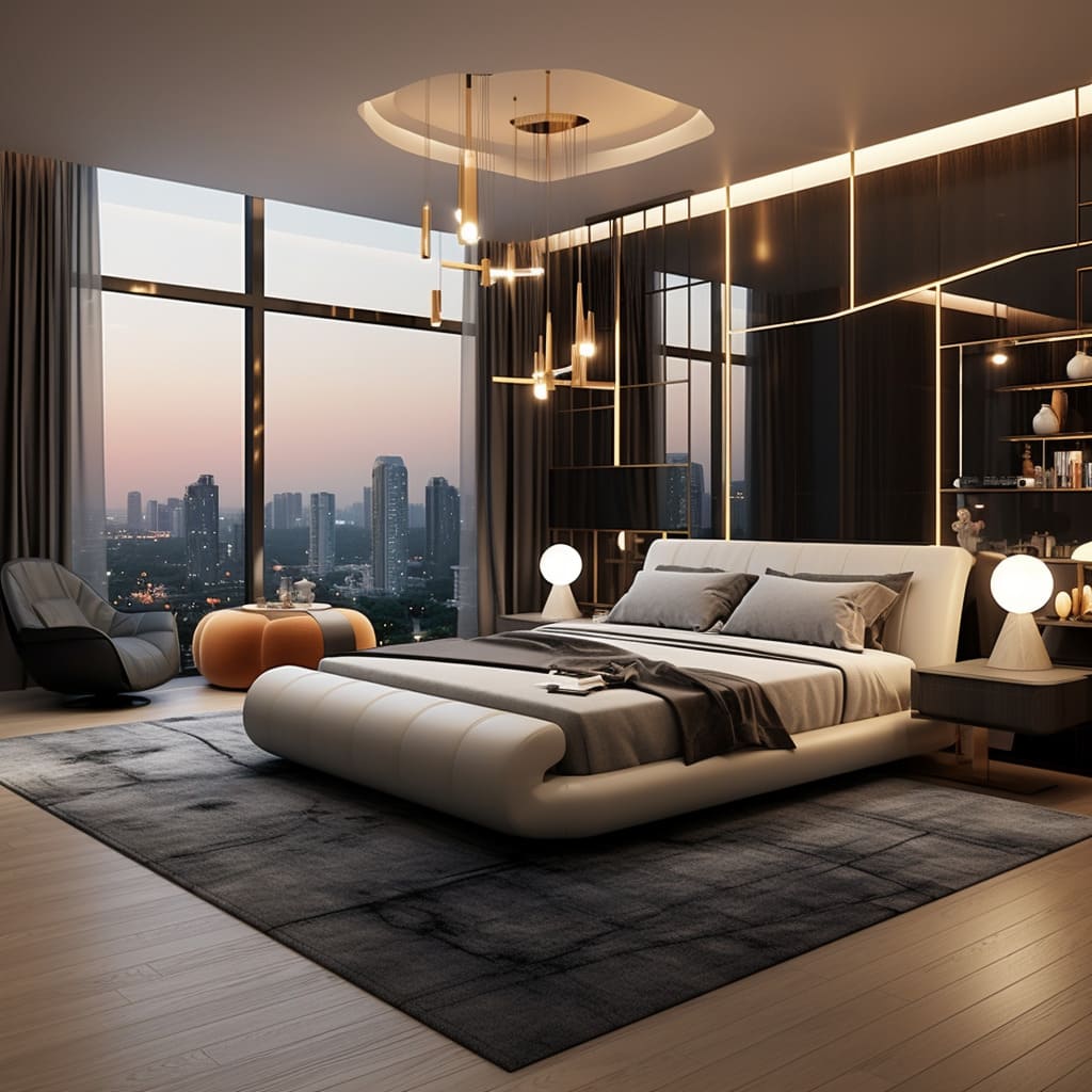 A luxury modern bedroom dazzles with its bespoke headboard and designer accessories.