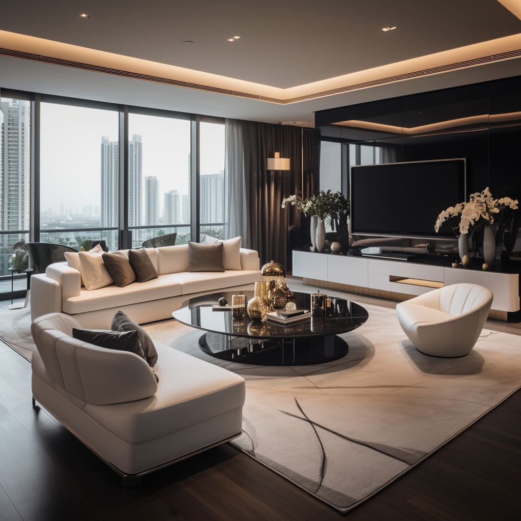 A luxury sofa transforms the apartment's living room into a modern, stylish sanctuary.