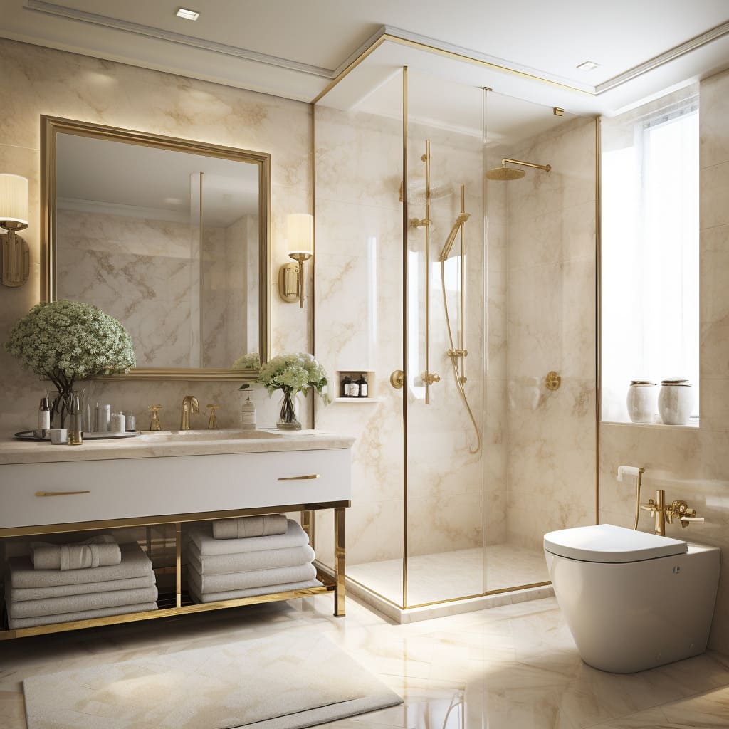 A marble bathroom countertop provides timeless elegance in a contemporary setting.
