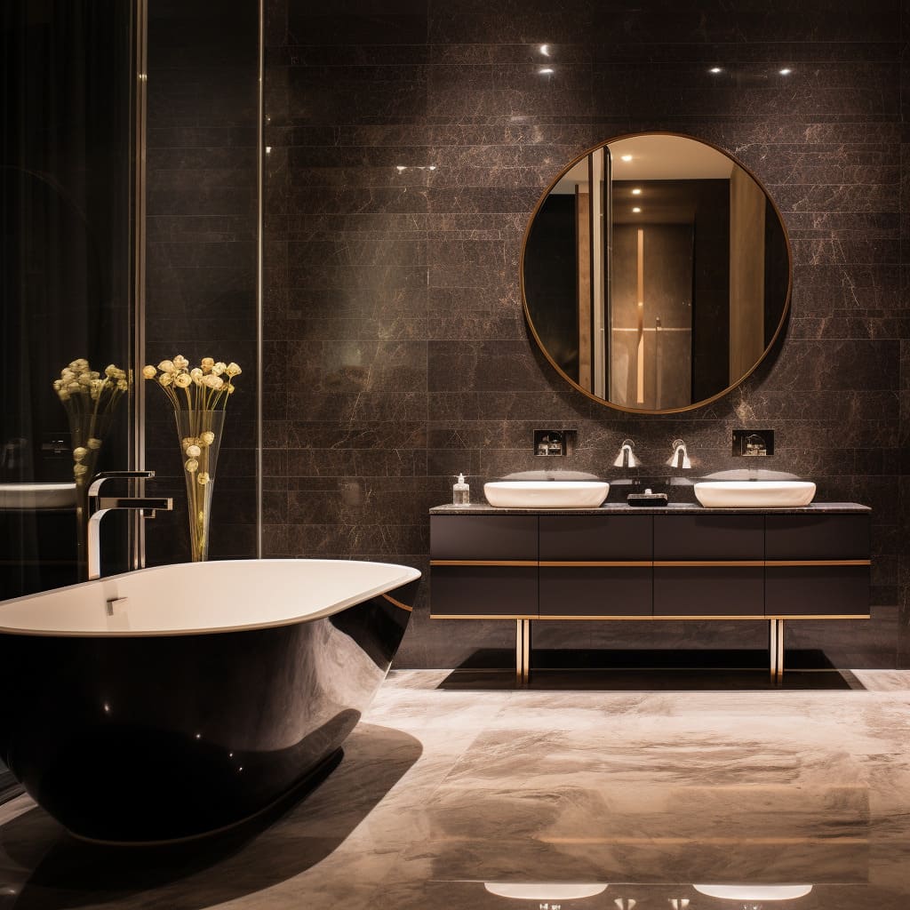 A marble bathroom vanity becomes the star in this master suite.