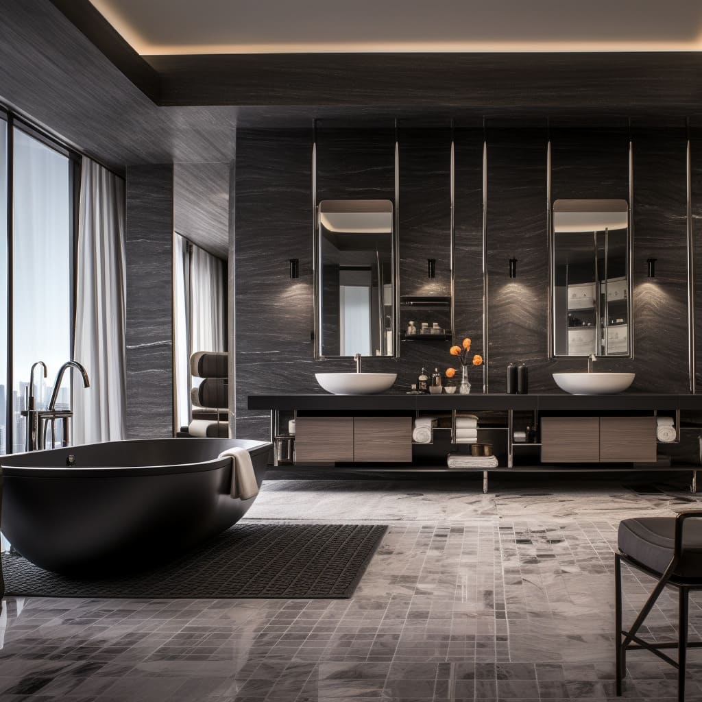 A master bathroom with a dark interior boasts a free-standing bathtub that offers a spa-like experience.
