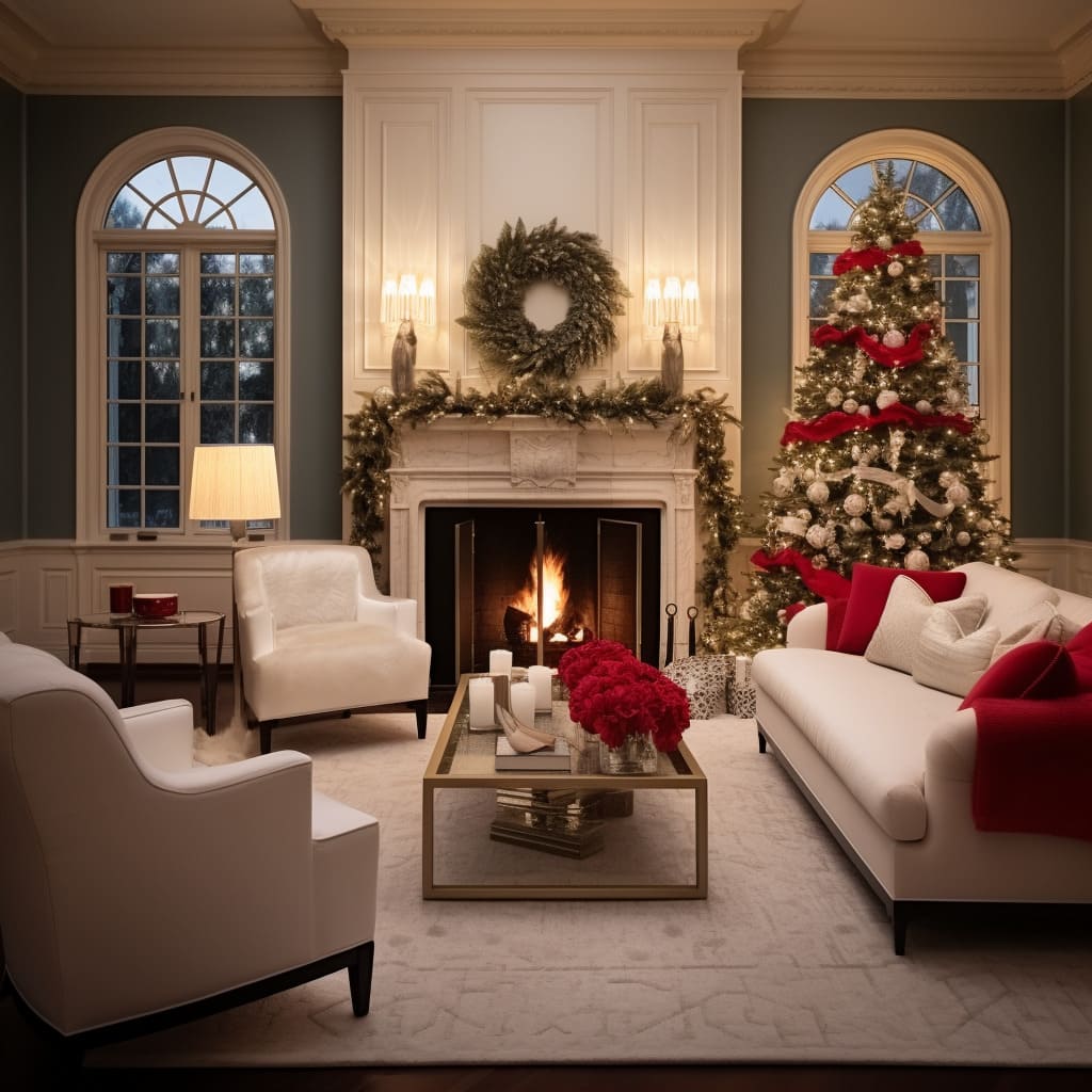 A minimalist Christmas tree, with simple decorations, adds a contemporary feel to the living room.