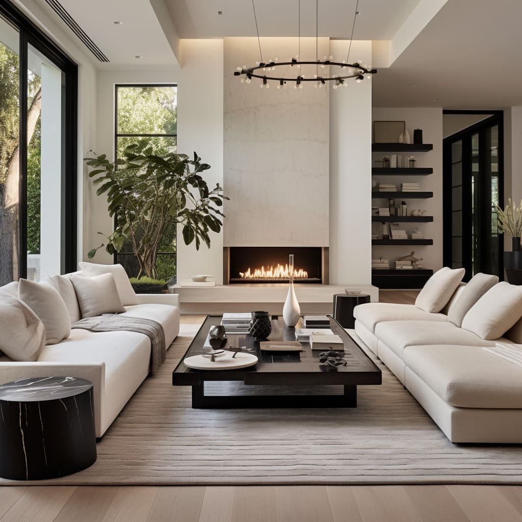A minimalist living room in this modern home showcases the sleekness of LA-inspired interior design.
