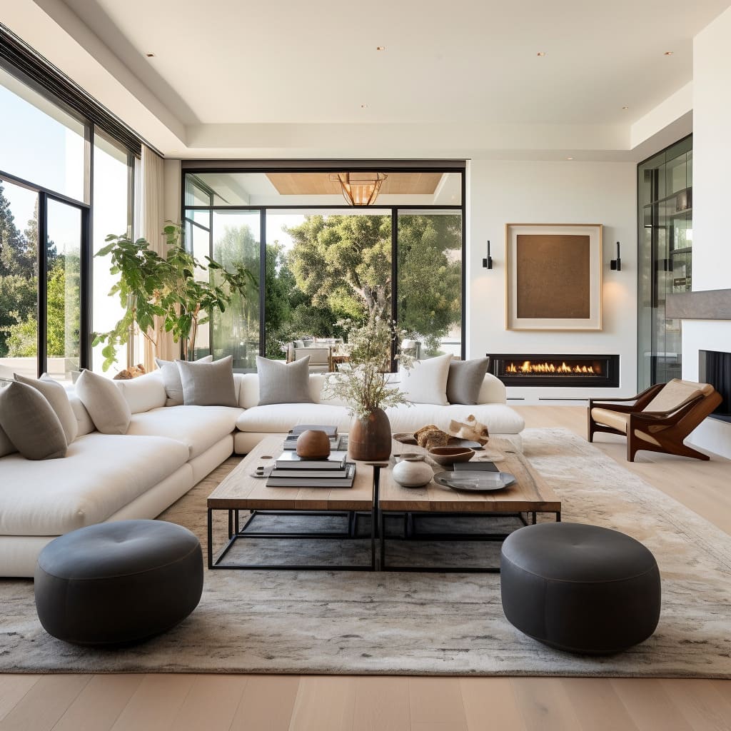 A minimalist sofa set against white walls defines this modern American living room.