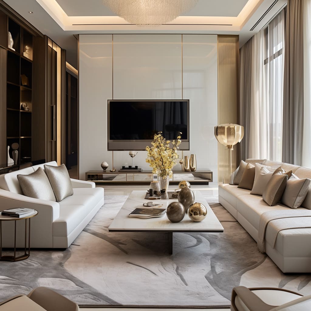 A modern TV unit serves as the focal point in this elegantly designed living space.