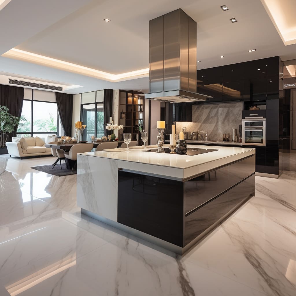 A modern home's kitchen shines with a spacious island, blending marble elegance with practicality.