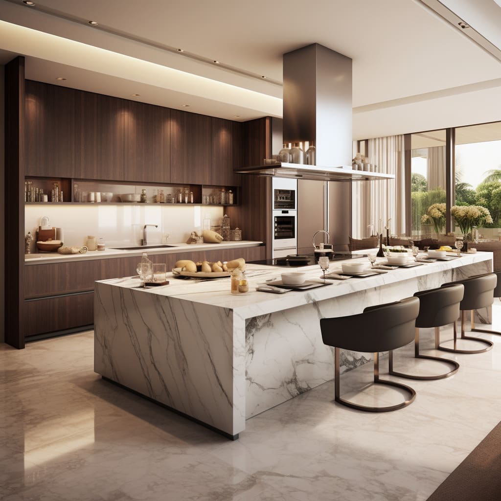 A modern kitchen with a sleek white marble island as the centerpiece enhances the contemporary interior design.