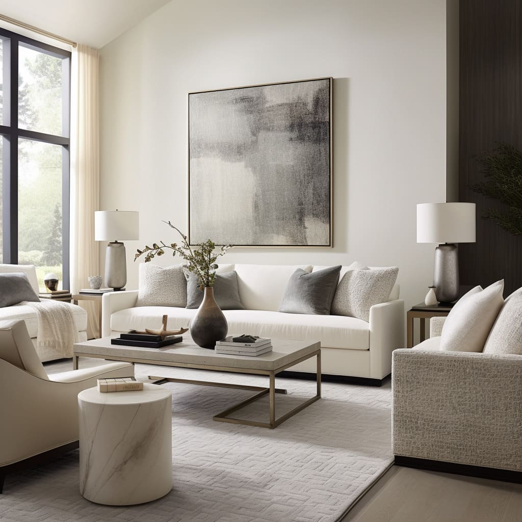 A modern twist on classic style, the white seating arrangement in this living room makes a bold interior design statement.