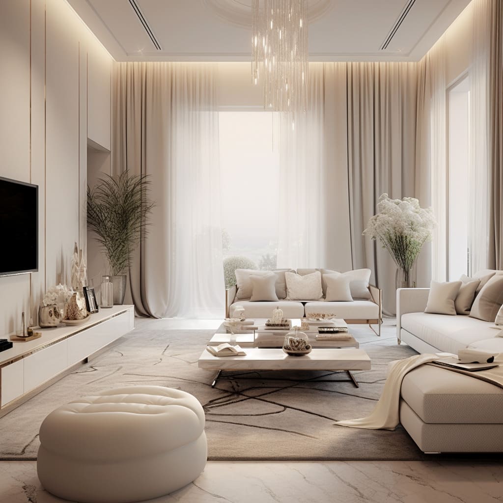 A neutral palette defines the luxury minimalist design of this apartment's living room.