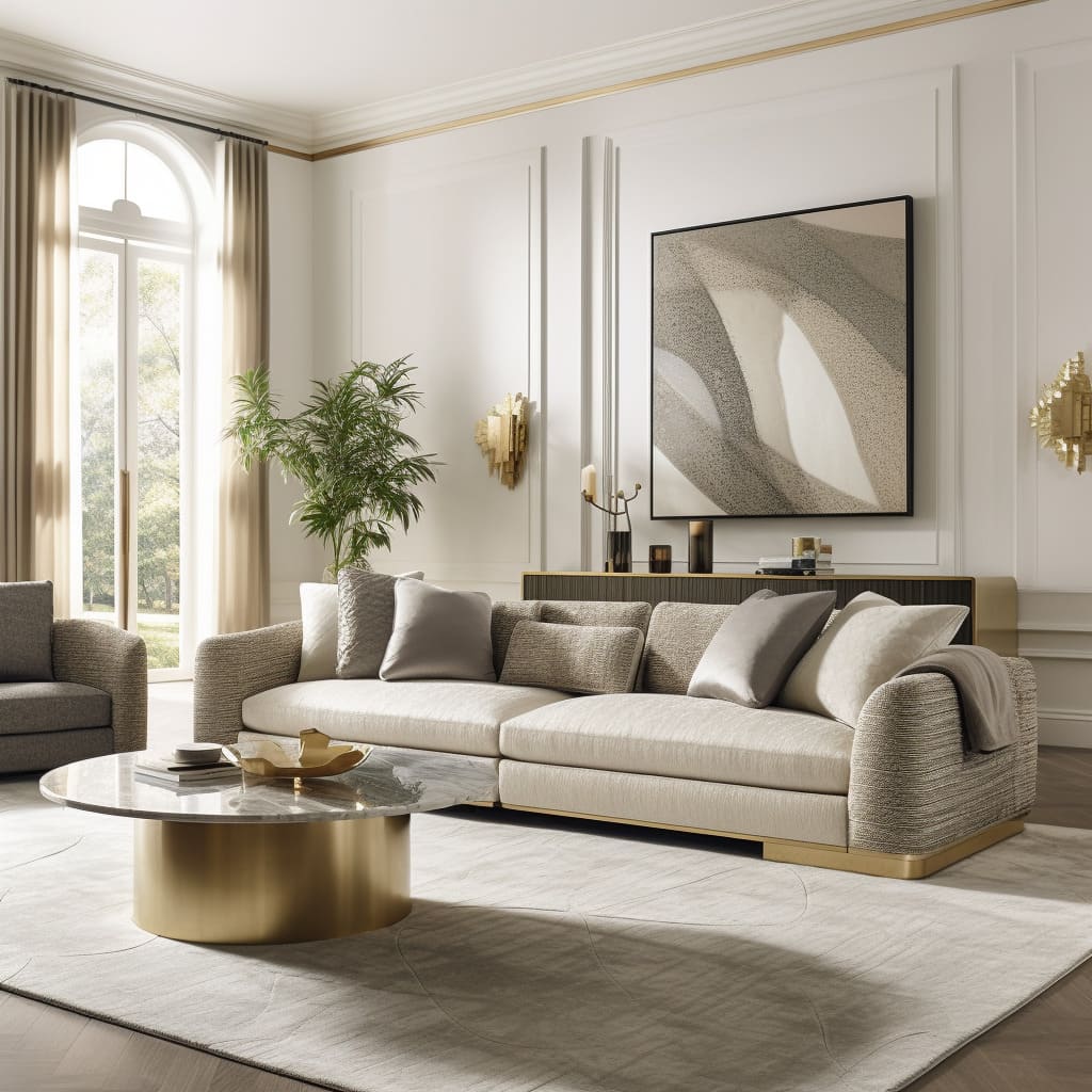 A neutral-colored, contemporary living room becomes a haven of luxury with sleek copper touches.