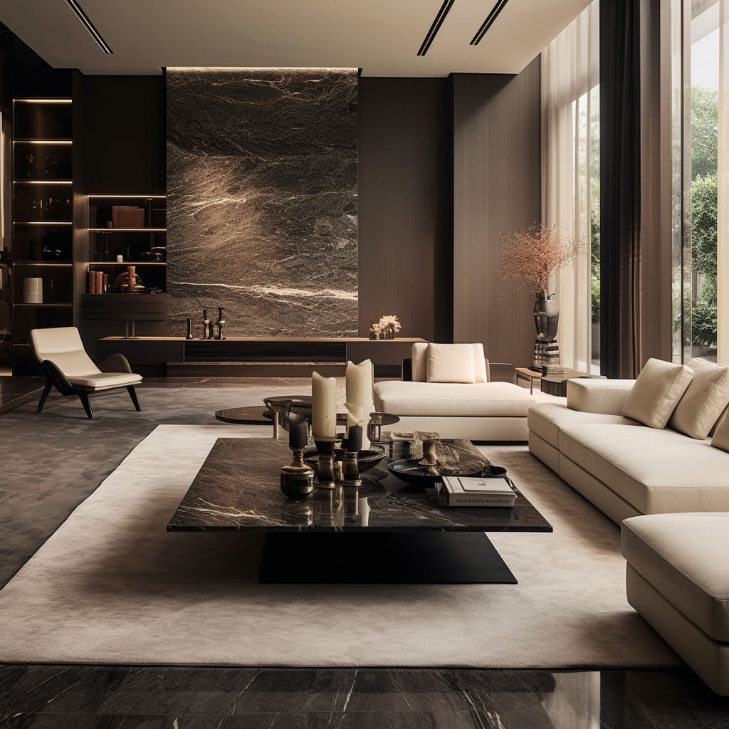 A plush sofa invites relaxation in the luxury minimalist living room.