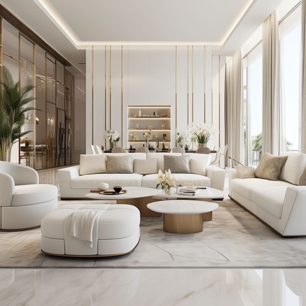 A pristine white sofa set becomes the heart of this contemporary, minimalist dream home.