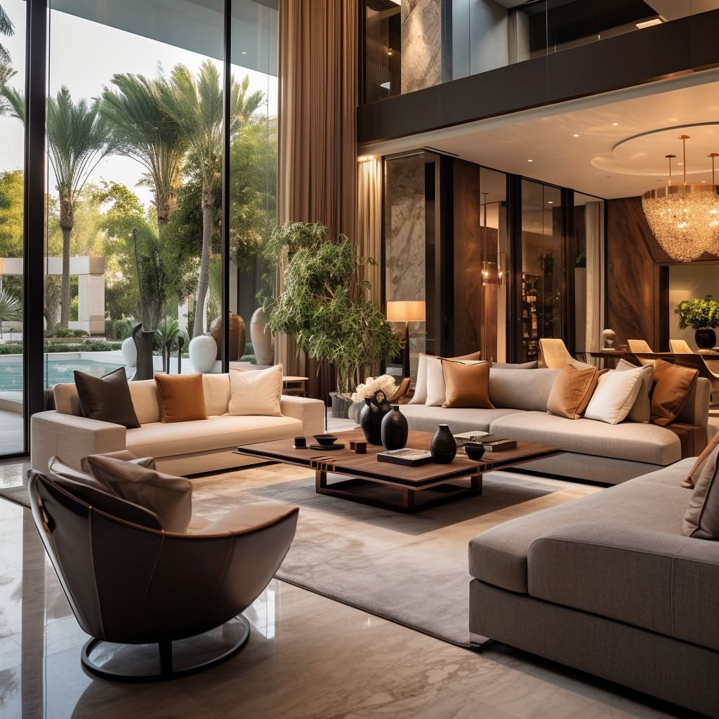 A serene palette of light colors enhances the spaciousness of the home's main seating area.