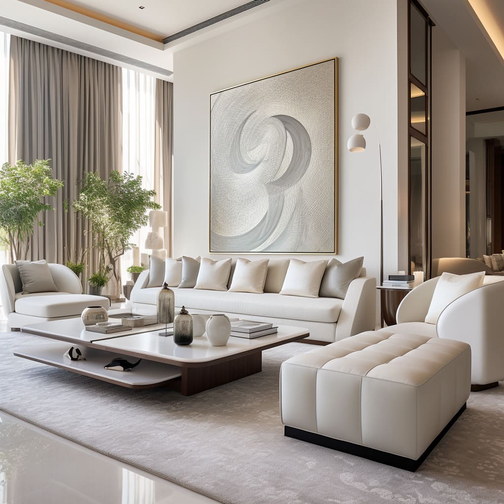 A single white orchid brings a touch of elegance to the minimalist seating arrangement in this house.