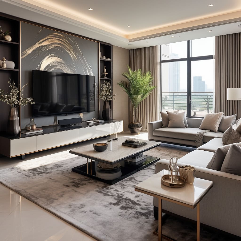 A sleek TV mounted on a gray wall becomes the focal point of this modern living room's interior design.