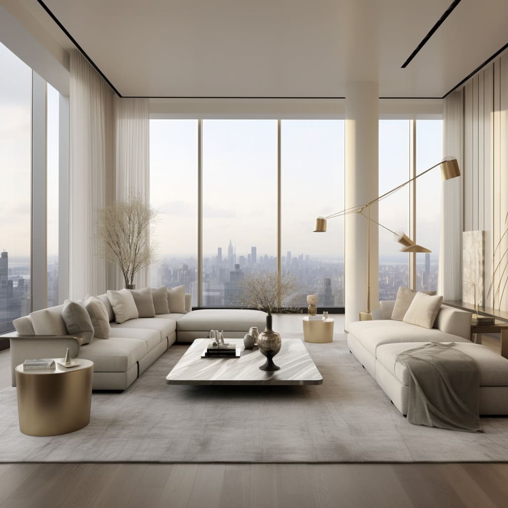 A sleek, low-profile seating arrangement defines the contemporary luxury of this apartment's living room.