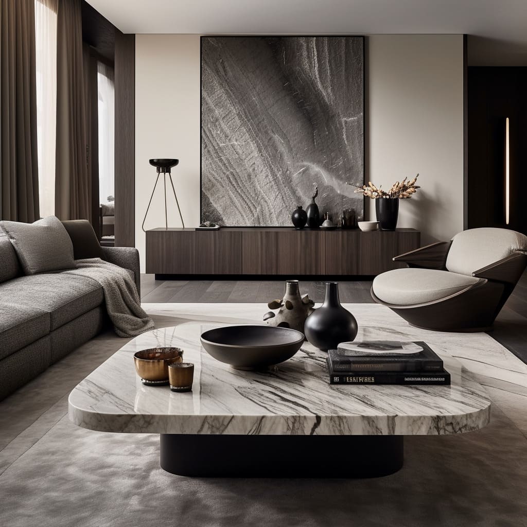 A sleek sofa paired with a marble coffee table sets this living room apart.