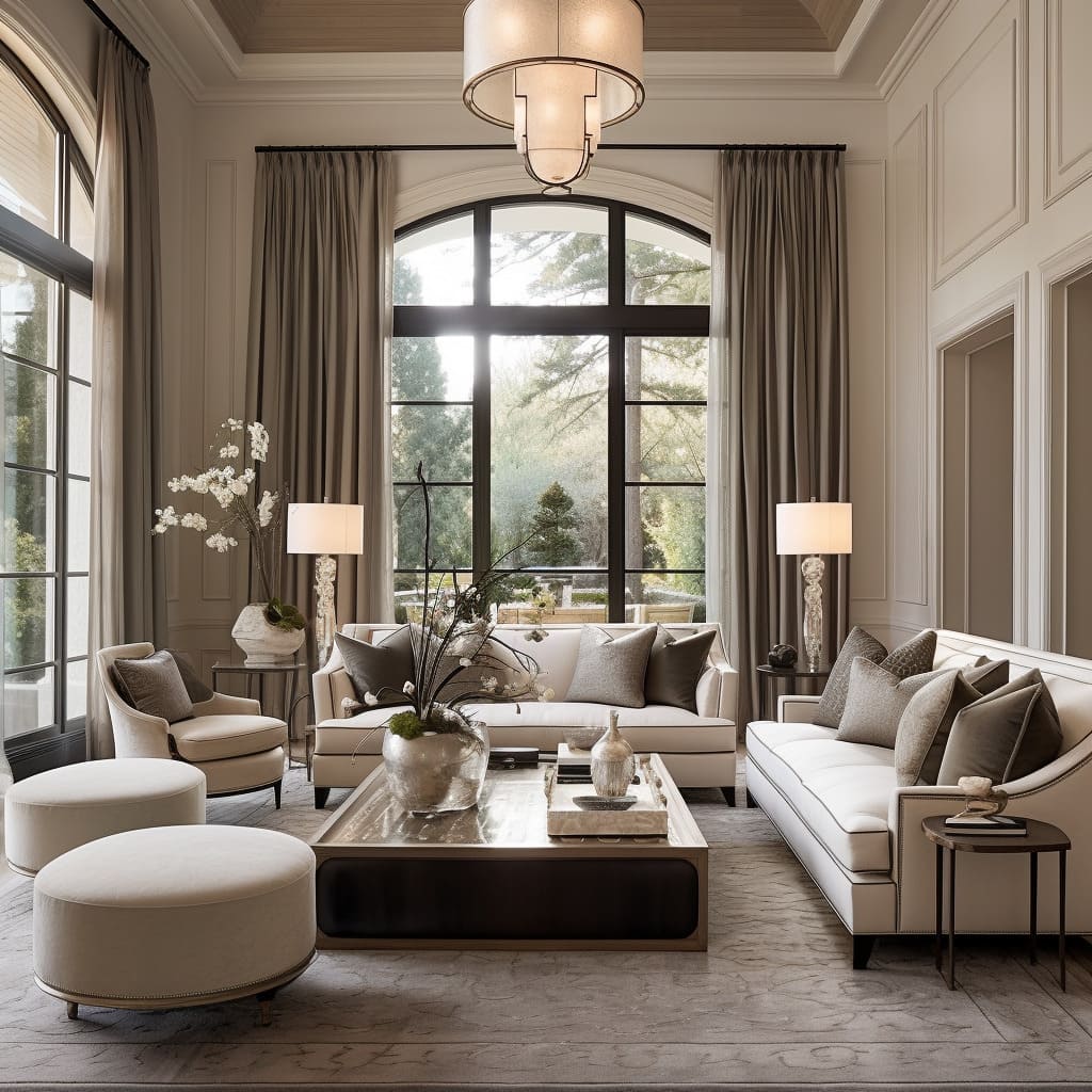 A sofa with clean lines and plush upholstery anchors the LA vibe in the living room.
