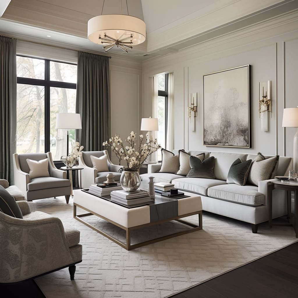 A sofa with soft upholstery is the centerpiece of this modern classic living room.