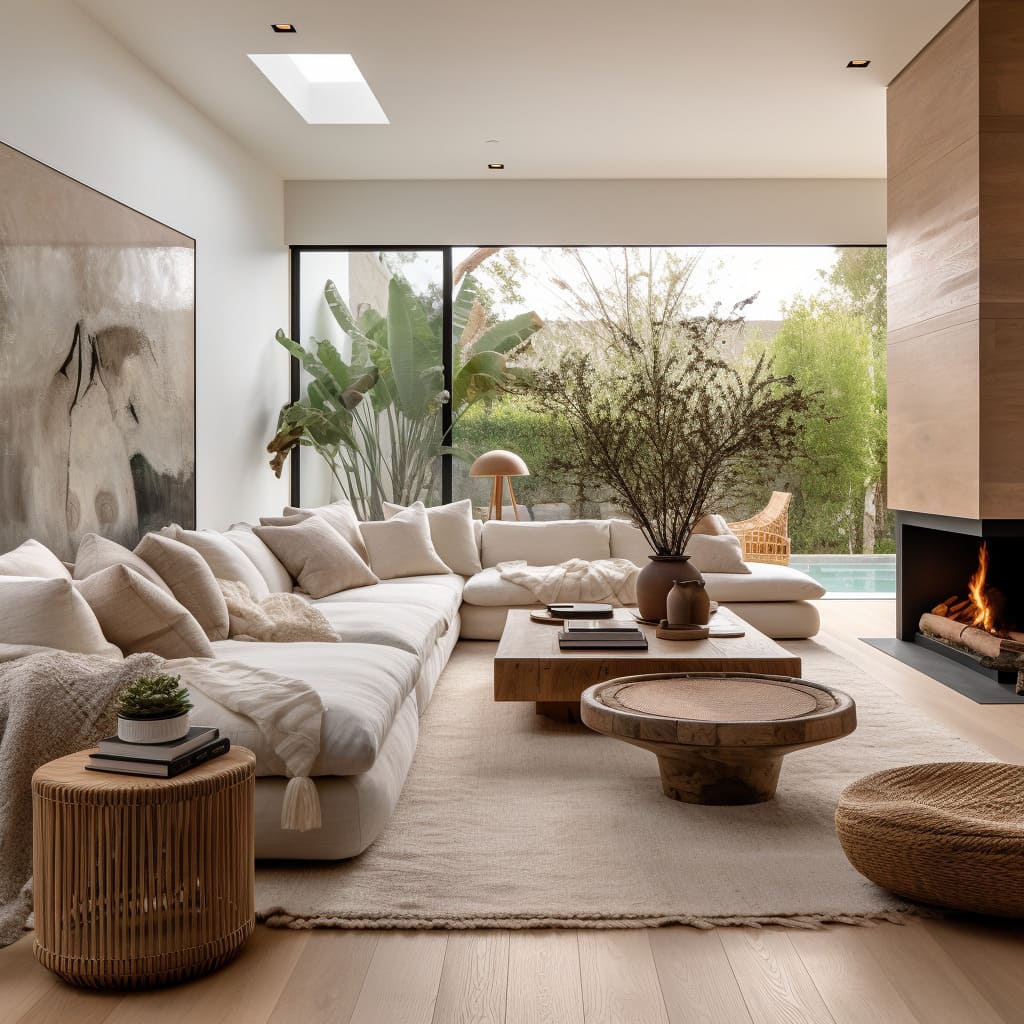 A solar-powered living room in a modern LA villa glows with energy-efficient LED lighting over a reclaimed wood coffee table.