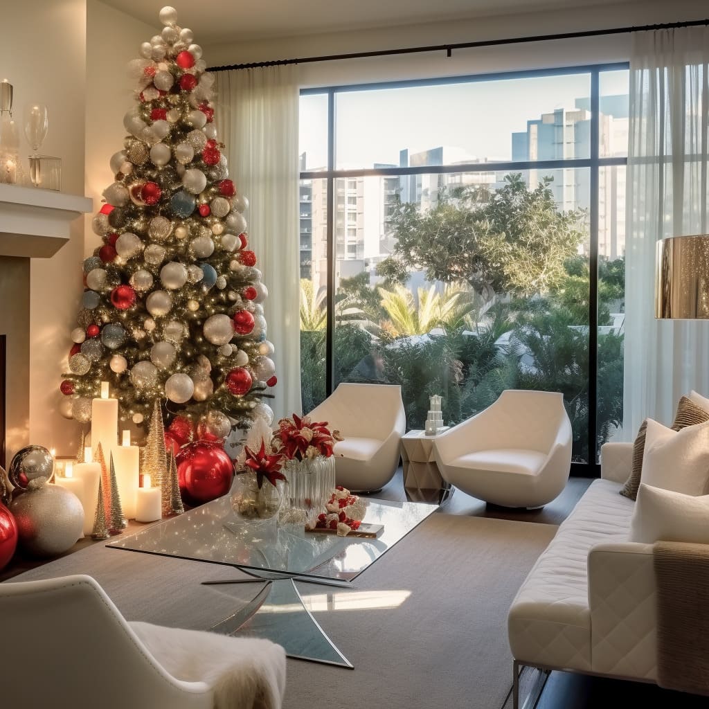 A sophisticated Los Angeles style Christmas decor graces the living room in this modern home.