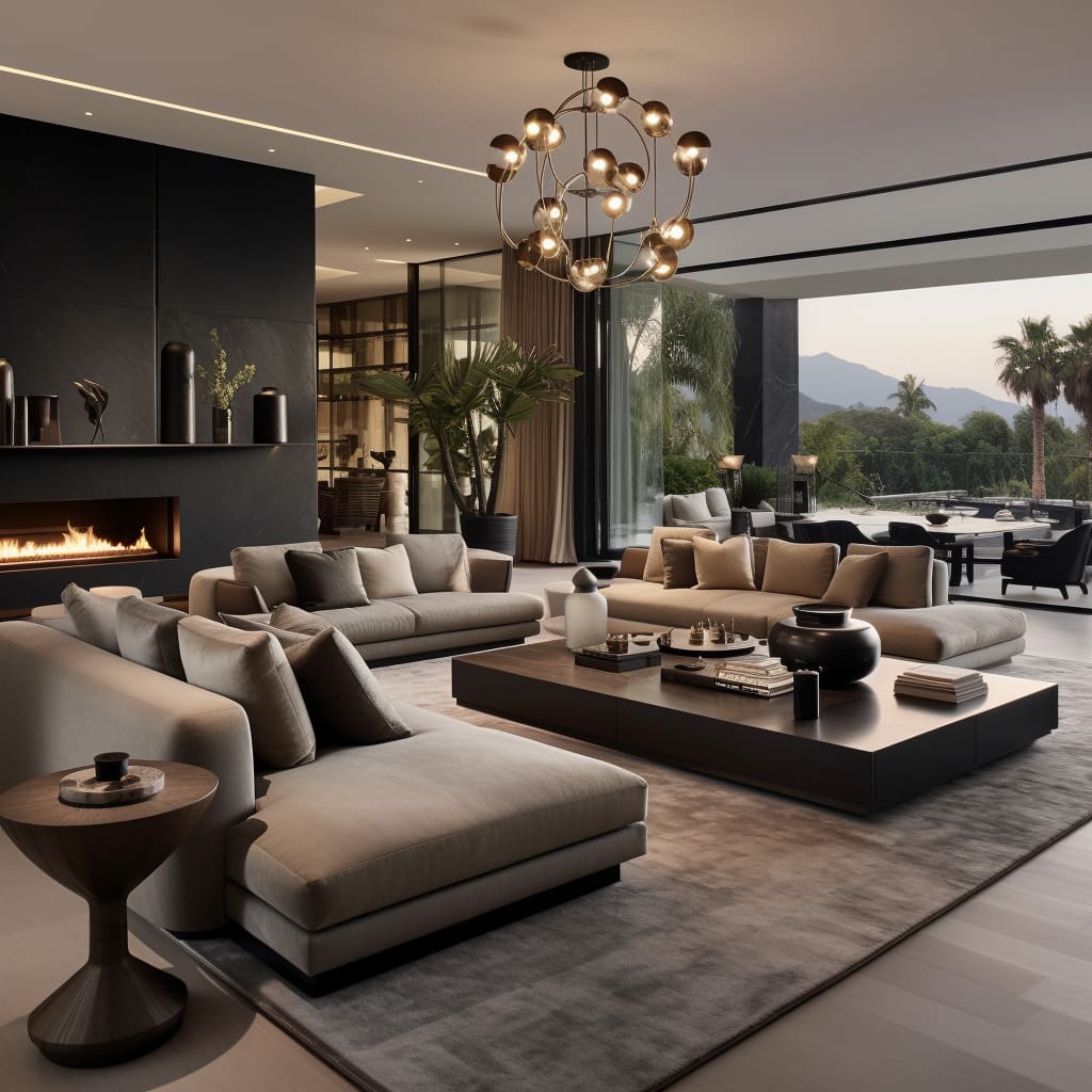 A sophisticated living room featuring an L-shaped sofa, a marble coffee table, and luxurious textiles.