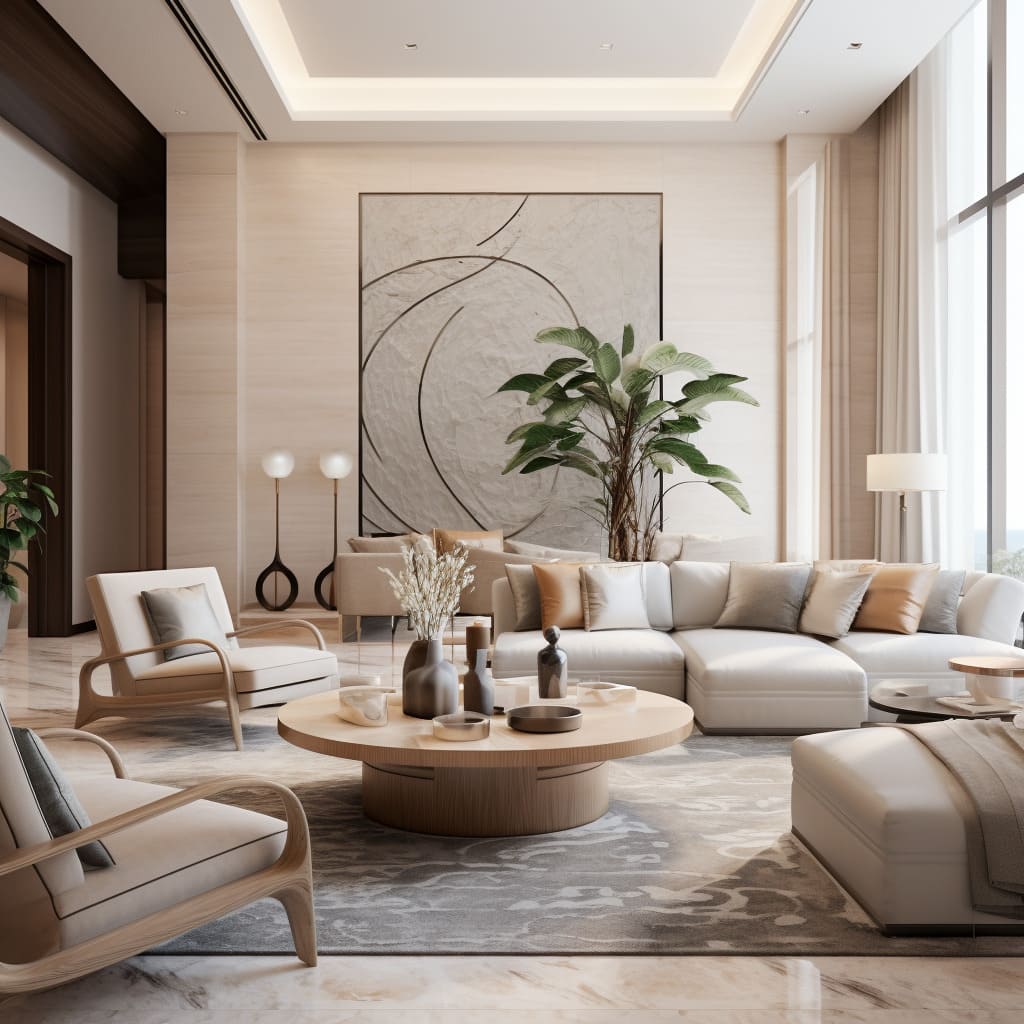 A spacious L-shaped sofa in the living room pairs perfectly with the warm hues of the travertine cladding.
