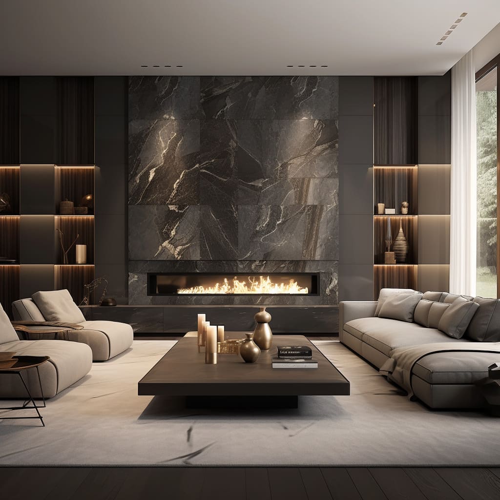 A spacious and inviting atmosphere is created by the stone-clad living room interior design.