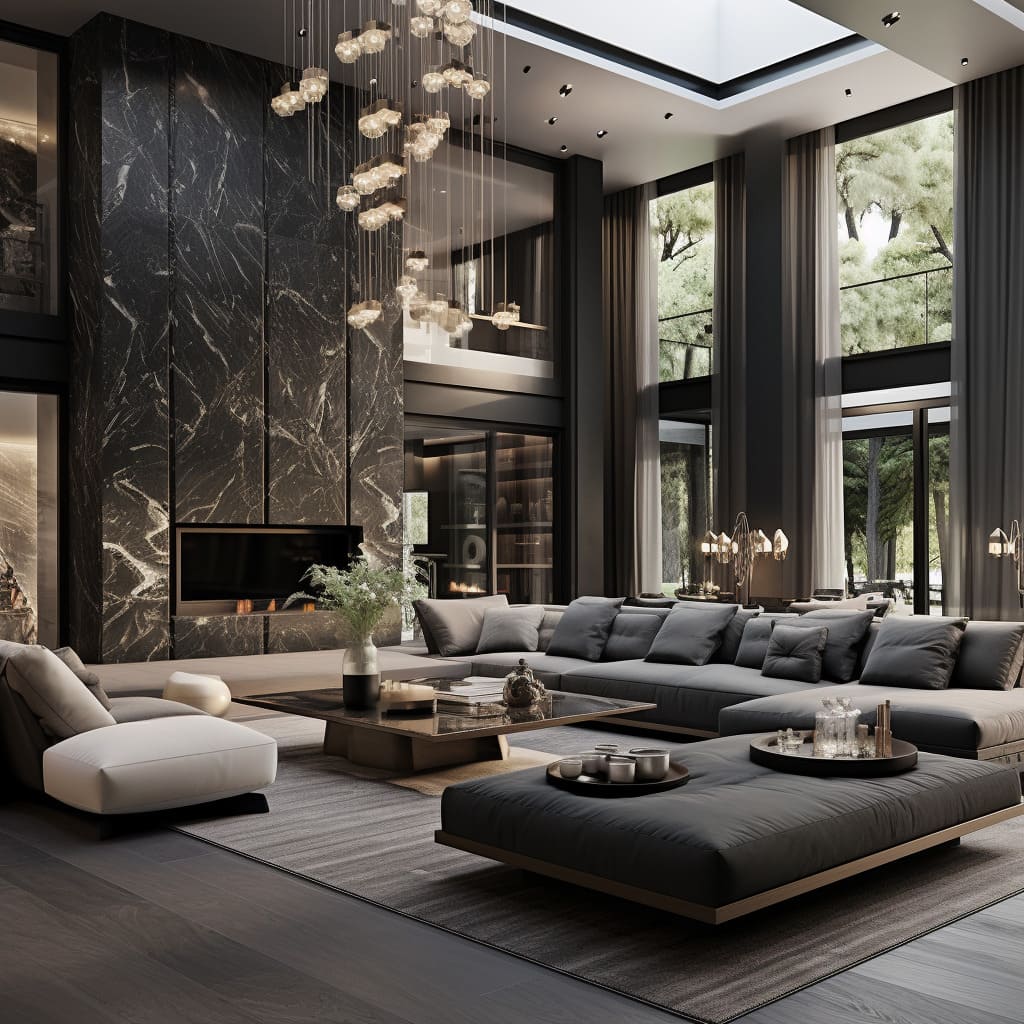 A spacious interior is graced with a sofa that exudes sophistication in this living room.