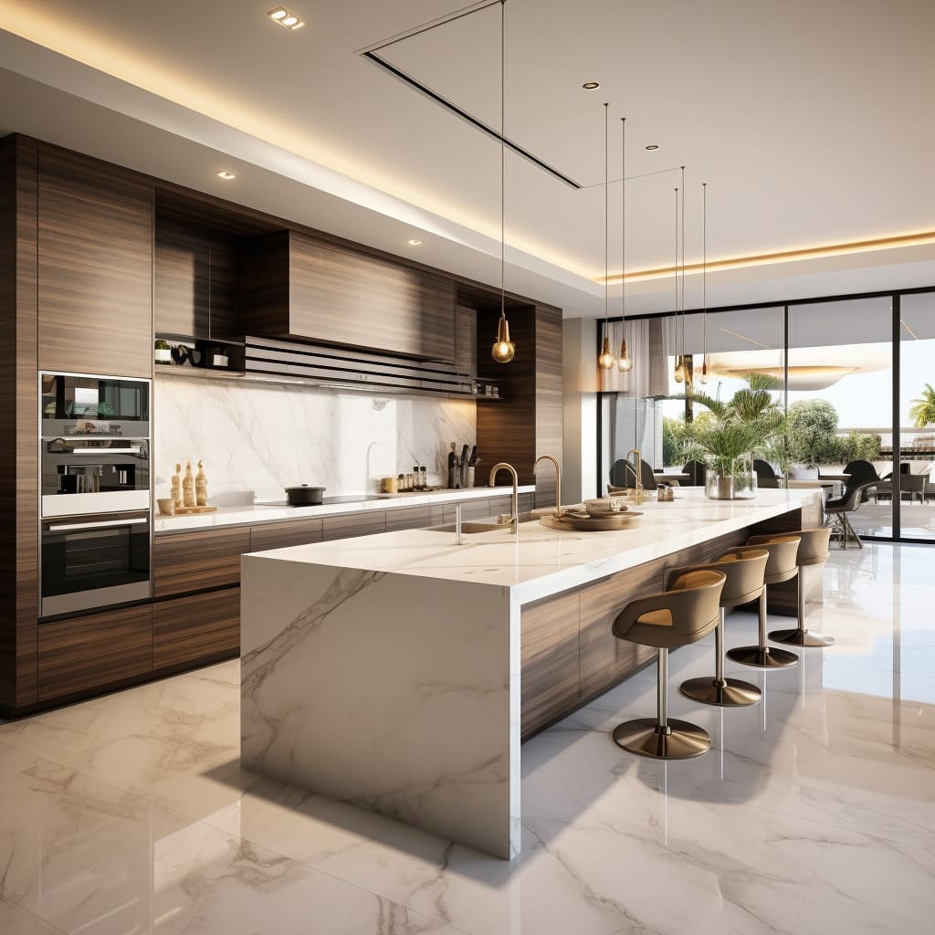 A spacious kitchen island, open to the living room, forms the heart of this modern house.